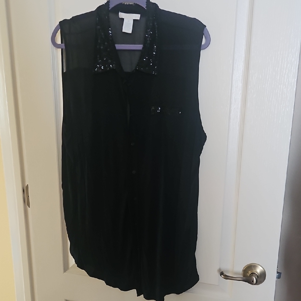 Design History Sequin Collar Top Plus Size 2X Black Sheer Sleeveless